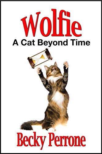 The cover of Wolfie: A Cat Beyond Time shows a large cat tossing an hour glass into the air.